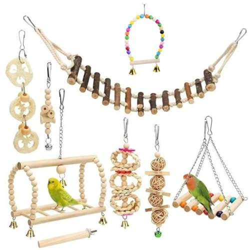 9-teiliges Holzpapageienspielzeug,Vogelspielzeug für Vögel,Kauspielzeug Vögel Naturholz Hängende GlockeVogelnest für Papageien, Papagei Schaukel Geeignet für Papageien und Vögel (9pcs)