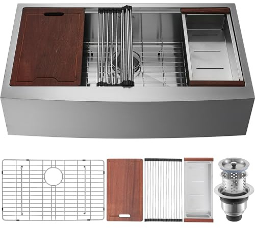 VEVOR 33 inch Farmhouse Kitchen Sink, 304 Stainless Steel Sink, Top Mount Single Bowl Kitchen Sinks with Ledge & Accessories, Household Dishwasher Sinks for Farm, Prep Kitchen, Garage and Bar Sink