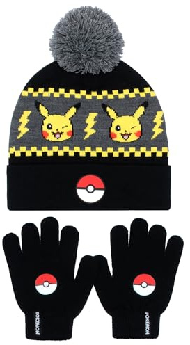 Pokemon - Winter Warm & Comfy Beanie Hat & Gloves Set for Boys - Pikachu Design - Perfect for Boys 6-12 Years