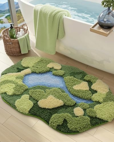 DEXI Moos-Badematte, ultradick, weich, grün, rutschfest, waschbar, Badematte, wasserabsorbierend, Mikrofaser, Teppiche für Duschboden, Waschbecken, Schlafzimmer, 51 x 81 cm, Moosgrün