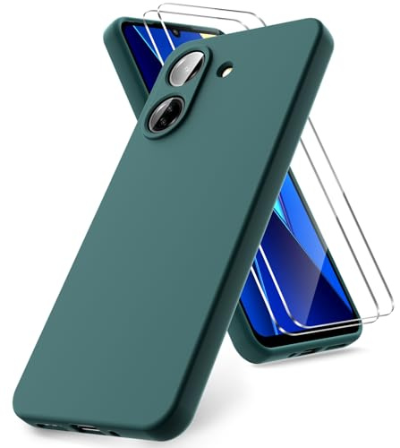Vansdon Funda Compatible con Xiaomi Poco C65 / Redmi 13C, 2 Unidades Protector Pantalla Cristal Templado, Silicona Líquida Gel Ultra Suave Funda- Verde Noche