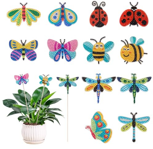 Bestewelry 12pcs Insect Diamond Painting Butterfly Dragonfly Ladybug Bee Diamond Art Painting Garden Stake Kits for Potted Plant Garden Decoration