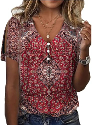 GRMLRPT Blusas de Mujer Casual Camiseta de Mujer Top Elegante de Manga Larga con Estampado Suave Ligero Cómodas Camisetas con Cuello en V para Otoño y Primavera(Multicolor,S-XXL)