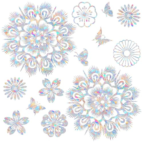 Peacock Tail Flower and Butterfly Window Clings for Bird Strickes - Anti-Collision Window Decals to Save Birds from Window Collisions,Non Adhesive Prismatic Window Clings, Rainbow Stickers(18PCS)