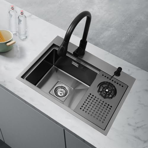Fregadero Cocina Negro Fregadero Cocina Un Seno con Escurridor, Fregadero Oculto con Tapa,520 * 390mm