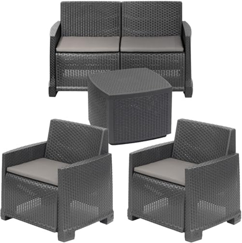 ipae progarden | Set Como, Wohnzimmer aus Polypropylen in Rattan-Optik, geflochten, mit 2-Sitzer-Sofa, 2 Sesseln und Couchtisch mit Aufbewahrungsbox, hergestellt in Italien (Anthrazit)