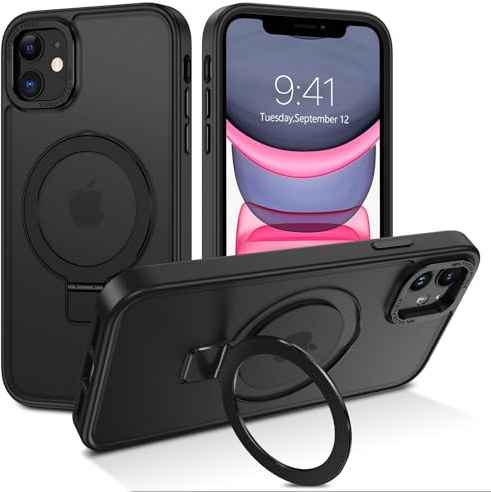 DUEDUE für iPhone 11 Hülle mit MagSafe, Schutzhülle mit Unsichtbarem Ständer [Kompatibel mit Magsafe] Schützende, Stoßfeste, Matte, Magnetische Ring Case für iPhone 11 6,1 Handyhülle, Schwarz