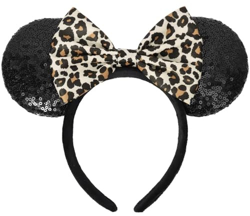 Mouse Ears Headband, Sequin Ears Headband with Leopard Bow, Glitter Party Hair Decoration for Women (Leopard)