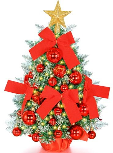 JEDWKFA 60 cm Mini Weihnachtsbaum, Weihnachtsbaum mit Beleuchtung, Weihnachtsbaum Geschmückt, Weihnachtsbaum Künstlich klein, Weihnachtsbaum für Weihnachtsdekoration, Rot