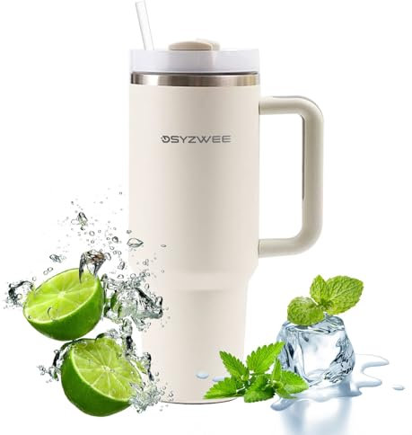 DSYZWEE Double Wall Travel Flask Car, 40OZ Insulated Stainless Steel Travel Mug, Tumbler with Handle, Straw and Lid for Hot and Cold Beige