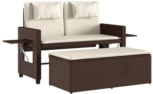HETFTJN Sitzgruppe Outdoor Bierbank Bierbankgarnitur Garderobenbank - Gartenbank Verstellbar mit Kissen Braun Poly Rattan für Terrassen Park Draussen Balkon