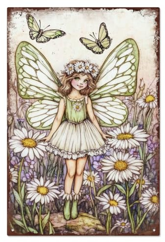 WADORN Blumenfee Vintage Metall Blechschild Daisy Fairy Retro Garten Poster Aus Metall Originelles Gartengemälde Heimwandkunst Poster Plaketten Für Schlafzimmer Wohnzimmer Café Kneipe 20x30cm