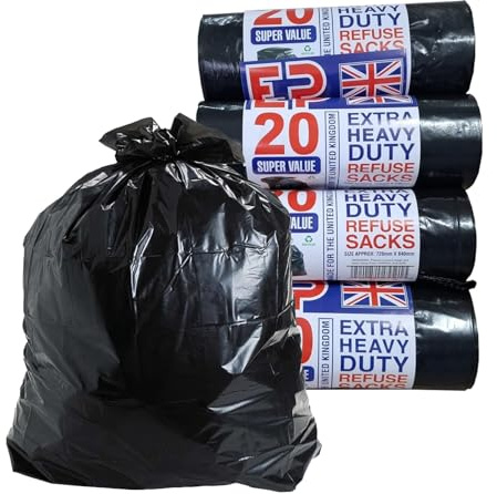Heavy Duty Black Refuse Sacks Strong Rubbish Bags Bin Liners Large for Home Garden Kitchen House Office Caterers Rubbish 100% Recycled Material (60)