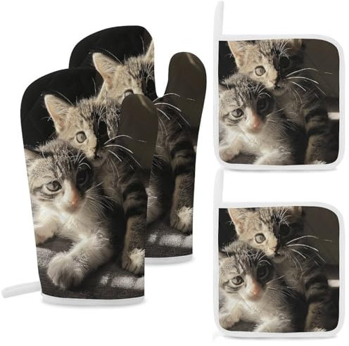 Set di 4 guanti da forno e presine con stampa di due gatti, resistenti al calore, guanti da forno extra lunghi e cuscinetti caldi, guanti da cucina antiscivolo, presine in poliestere per cucina,
