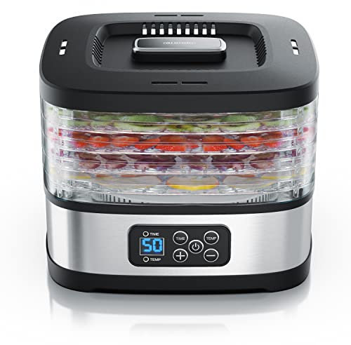 Arendo - Dörrautomat Edelstahl - Temperaturregler - 240 Watt – Dehydrator – 5 Etagen – Timer 1 bis 72 h – 5 Einlegefächer – je Fach zwei Höhen – Food Fleisch Kräuter Obst