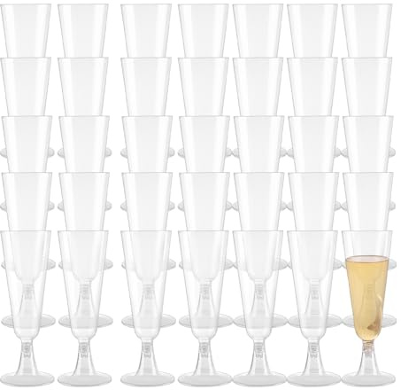 LOLYSIC 100Pcs Plastic Champagne Flutes, 150ml Clear Plastic Prosecco Glasses, Reusable Wine Cocktail Champagne Glasses for Wedding Anniversary Birthday Party