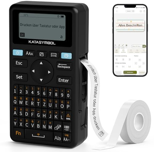 SUPVAN E11 Etikettendrucker mit QWERTZ-Tastatur und Bluetooth, 1 Rollen | Wiederaufladbar, vielseitige App, QWERTZ-Tastatur mit Umlauten, etikettiergerät für Schule, Büro & Zuhause, Schwarz