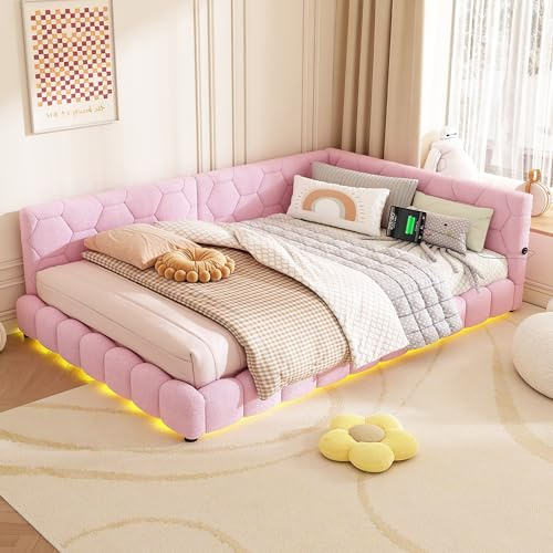 RIAZOS Polsterbett 140x200 mit LED und USB-Anschluss, Bettgestell mit Lattenrost,Tagesbett Schlafsofa Bett Bettsofa Gästebett Jugendbett Doppelbett, ohne Matratze, Rosa