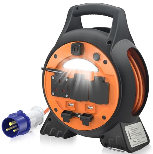 Wetterfeste Kabeltrommel mit LED-Licht und 2 USB-Anschlüssen, 15 m, 3 UK-Steckdosen, Schutzklasse IP44, 10 A Schutzschalter, ideal für Camping, Wohnwagen, Wohnmobile und Baustellen