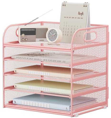 VITVITI Schreibtisch Organizer, 5 Ebenen Briefablage, Stapelbare Aktenhalter, Ablagefächer mit Griff, Bürobedarf für A4 Dokumentenablag, Papier, Buch, Magazin (Rosa)