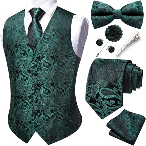 Barry.Wang Herren-Paisley-Weste, formelle Anzugwesten, Krawatte, Fliege, Set, Jacquard-Clip, Einstecktuch, Manschettenknöpfe, Anstecknadel, Hochzeit, 8 Stück