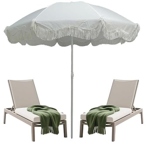 Parasol de terrasse réglable inclinable à 45° avec 8 baleines et franges, pare-soleil d'extérieur pour balcon, jardin et terrasse, blanc, protection UV et résistant aux intempéries