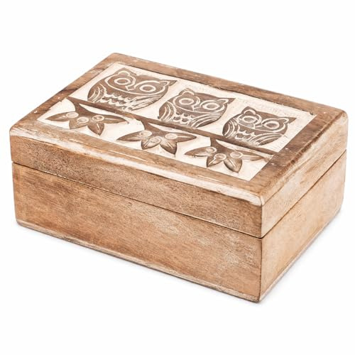 SWACRAFT Father’s Day Gift – Handmade Whitewashed Mango Wood Owl Family Jewelry Box | Multipurpose Treasure Chest Organizer for Men & Women | Travel Keepsake Storage Box (7 x 5 x 3 Inch)