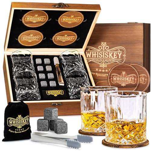 WHISISKEY Set de Verre a Whisky - Coffret Whisky Cadeau Homme - Verre à Whisky & Rhum - 4 Verres à Whisky, 8 Pierre a Whisky, 4 sous-Verres, Whiskey Accessories