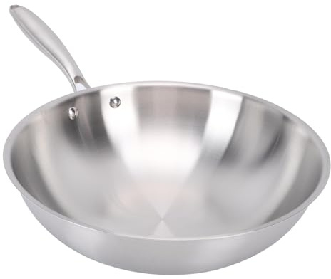 banapoy Wok, Sartén Tradicional, Wok Chino de Acero Inoxidable de Fondo Redondo con Mango, Sartén Antiadherente, Utensilios de Cocina para Inducción, Gas Eléctrico, Todas Estufas (32CM)