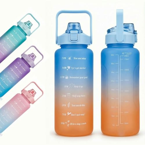 Glac Store Motivierende Trinkflasche 2 l mit Strohhalm und Zeitskala, auslaufsichere Sportflasche mit Tragegriff, 33 x 11 cm, 217 g (Hellblau und Orange)