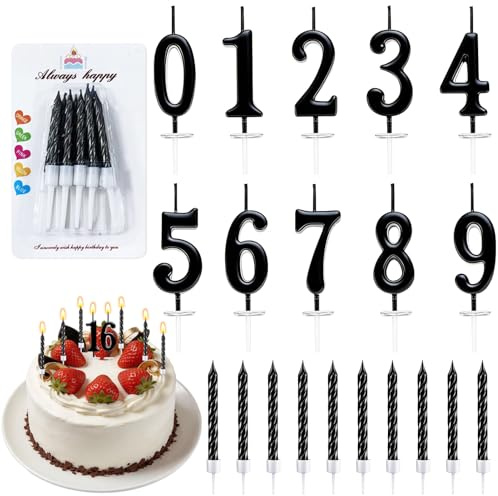 20 Stück Schwarz Birthday Candles Cake, Nummer 0-9 Geburtstag Zahl Kerzen | Schwarz Spirale Kuchen Kerzen, Dekoration Kuchen Nummer mit Halter, für Torten Geburtstag Party Hochzeit Deco