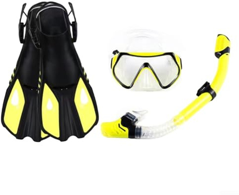Juego de esnórquel para adultos, máscara de buceo ajustable, aletas de esnórquel con parte superior seca, kit de 3 piezas para natación subacuática, cómodo antivaho (L/XL amarillo)