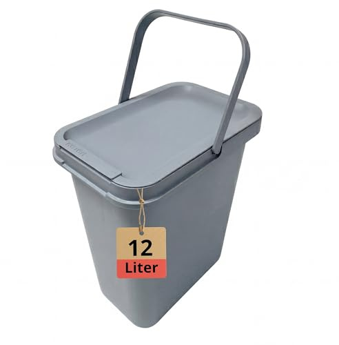 BigDean 12 Liter Mülleimer Grau mit Deckel, Henkel und Mülltütenbefestigung aus Kunststoff