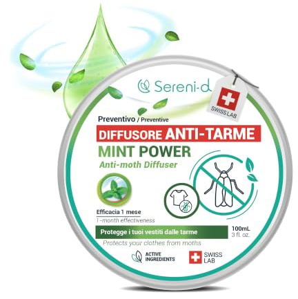 SERENI-D Diffusore ANTI-TARME per Tessuti MINTPOWER - Protezione repellente per abiti, lana e pellicce - Profumo di menta - Azione immediata e protegge gli armadi da nuove infestazioni