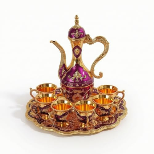 KQFCAZRE Juego Té Árabe Dorado Juego Té con Banja Tallado Tetera con Tazas para Comedor, Morado