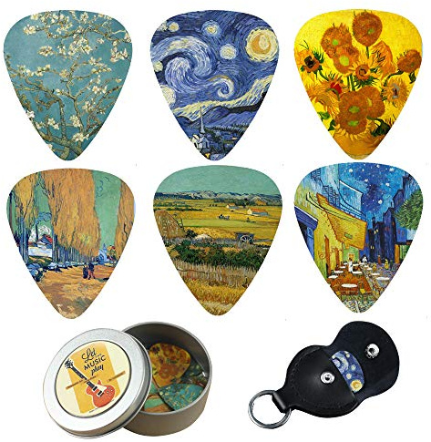Guitar Picks - Cheliz 12 Medium Gauge Celluloid Guitar Picks In a Box W/Picks Holder. Unique Guitar Gift For Bass, Electric & Acoustic Guitars (Van Gogh)