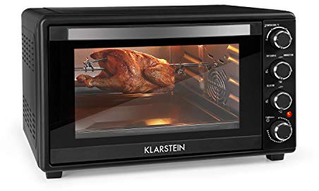 Klarstein Masterchef Mini Electric Oven - Table Top Oven, Countertop Oven, Circulating Air Function, Timer, Double Glass Door, Top/Bottom Heat, Interior Lighting, Stainless Steel, 60 L, Black