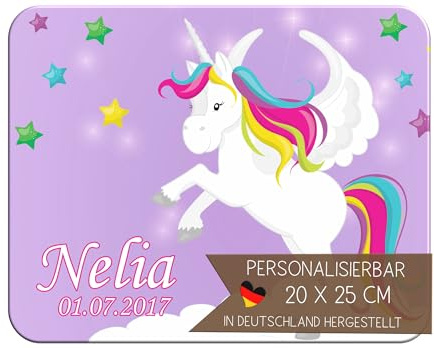 CreaDesign Personalisiertes Kinder Frühstücksbrett mit Namen, 20x25cm, rutschfestes Schneidebrett aus Kunststoff, Einhorn Lila Design, spülmaschinen & mikrowellengeeignet,Schneidbrett für Kinder