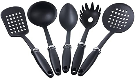 Kigima Kochlöffel Set 5 Stück in Schwarz– Hochwertige Küchenutensilien aus hitzebeständigem Kunststoff – ideales Küchenhelfer Set für Ihre Küche – vielseitiges Kochbesteck Set.