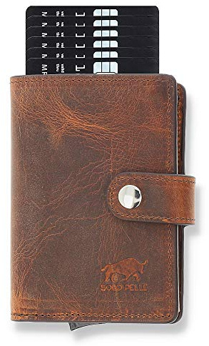 Solo Pelle Leder Geldbörse Q-Wallet mit integriertem Kartenetui für 15 Karten + Geldscheine geeignet | Kreditkartenetui mit RFID (Vintage Braun Neu + Kleingeldfach)