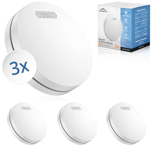 ALPENLUFT Smoke Detector Wireless interlinked 10 Year Battery, Smoke Alarm & Heat Detector 2in1, Fire Alarm, Fire Detector, fire alarms for home | No Drilling, No LED Flashing (Set of 3)