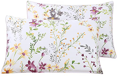 STYHO 100% Egyptian Cotton Floral Printed Fade Resistant Pillow Cases 2 Pack Standard Size Pillow Cover Protectors for Hair and Skin with Envelope Closure(Purple-White,50 x 75cm)