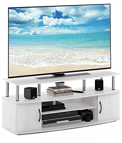 Furinno JAYA Großes Entertainment-Center für bis zu 55-Zoll-Fernseher, weiße Eiche, Edelstahlrohre