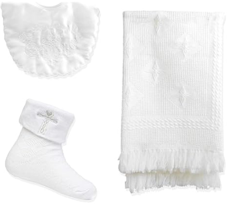 Baby Togs Christening Set Shawl Bib Socks Baptism Gift | White Baby Christening and Baptism Gift Set, Shawl, Bib and Socks for Baby Boys or Girls, 0-6 and 6-12 Months