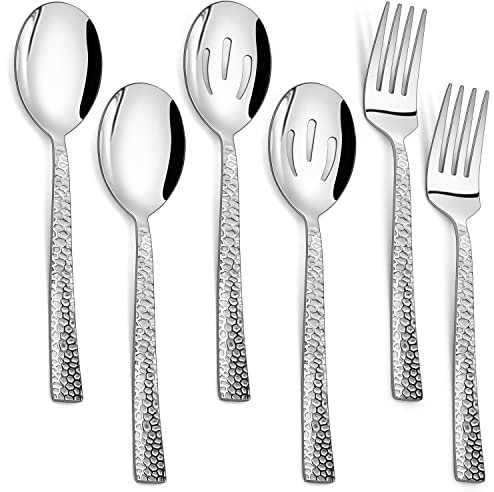 HaWare Hammered Serving Utensils Set, 6-Piece Stainless Steel Square Hostess Serving Set include Serving Spoon, Fork, Slotted Spoon for Party Buffet Banquet Catering, Mirror Polished, Dishwasher Safe