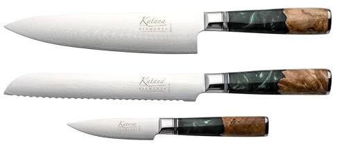 Katana Saya Elements 3-teiliges Messerset, Regenwaldgrün – VG-10-Damaststahl mit hohem Kohlenstoffgehalt für extreme Robustheit und Schärfe – Griff aus natürlichem Olivenholz und Harz