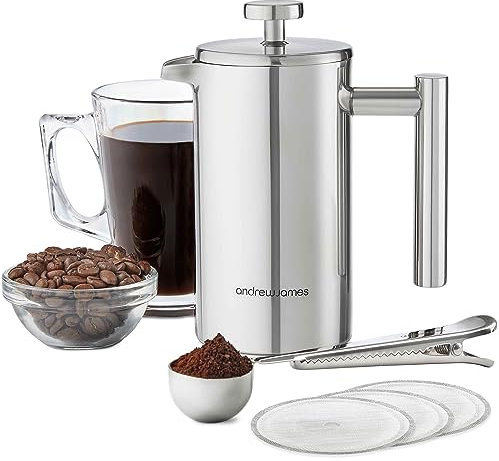Andrew James Double Walled Stainless Steel Cafetiere Gift Set with Coffee Measuring Spoon and Bag Sealing Clip | Delicious French Press Coffee | Easy to Clean (600ml, Stainless Steel)