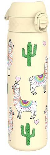 Ion8 Lightweight Steel Water Bottle, 600 ml/20 oz, Non-Insulated, Leak Proof, Easy to Open, Secure Lock, Dishwasher Safe, Flip Cover, Fits Cup Holders, Carry Handle, Metal Water Bottle, Llamas