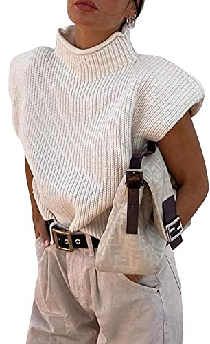 Suéter de cuello de tortuga sin mangas para mujer, chaleco con hombreras, suéter de hombros anchos, top casual de punto, prendas de punto de hombros anchos, blanco, L