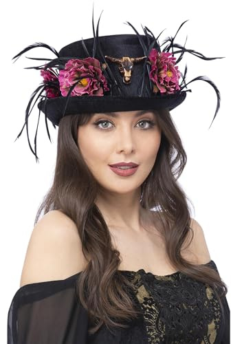 Smiffys Geblümter Horn-Zylinder, schwarz und rosa, mit Pfingstrosenblüten und Federn Halloween